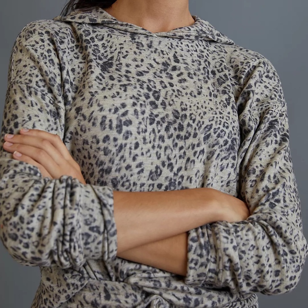 🛍️Sundry Beige/Grey Leopard Cozy Hoodie Sweatshirt XL/4 Anthropologie